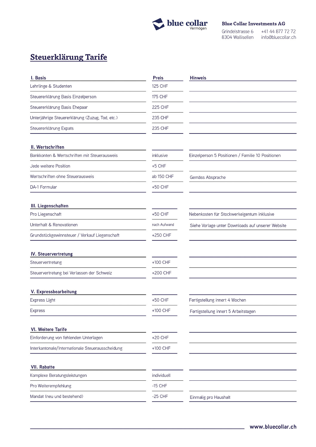 Tarife Steuererklärung